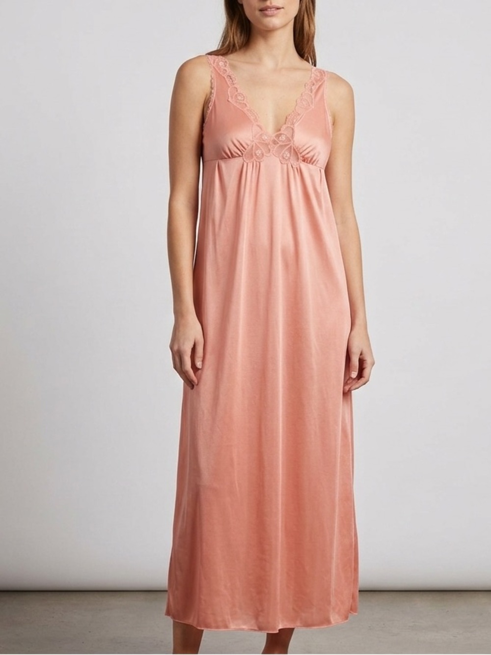 Van Raalte Vintage Pink Lace-Trim Satin Long Maxi Chemise Nightgown Size Small‎